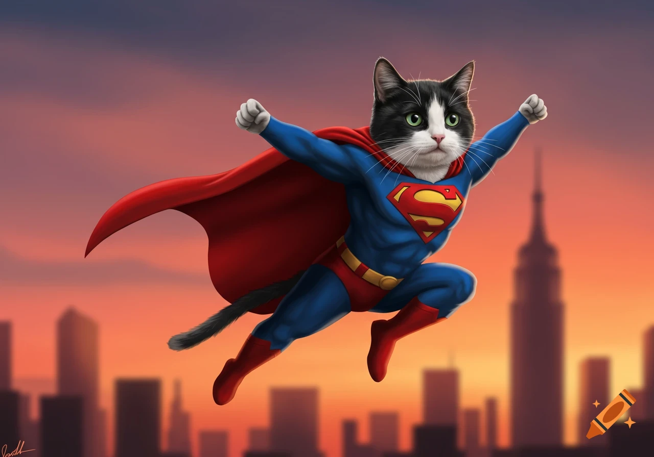 A black and white tuxedo cat dressed as Superman flies over a city skyline at sunset.