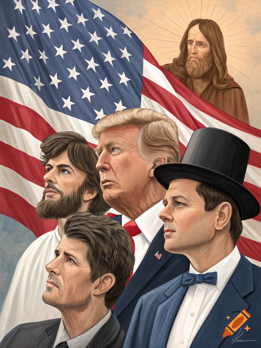 An illustration of Donald Trump, John F. Kennedy, Abraham Lincoln, John F. Kennedy Jr., and Jesus Christ standing before an American flag.