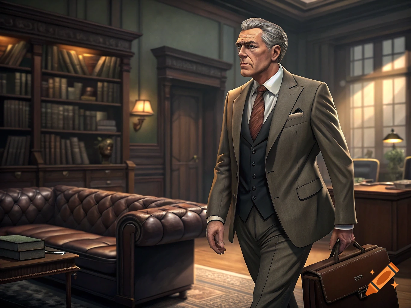 A distinguished man in a suit walks through a traditional office or study, holding a briefcase.