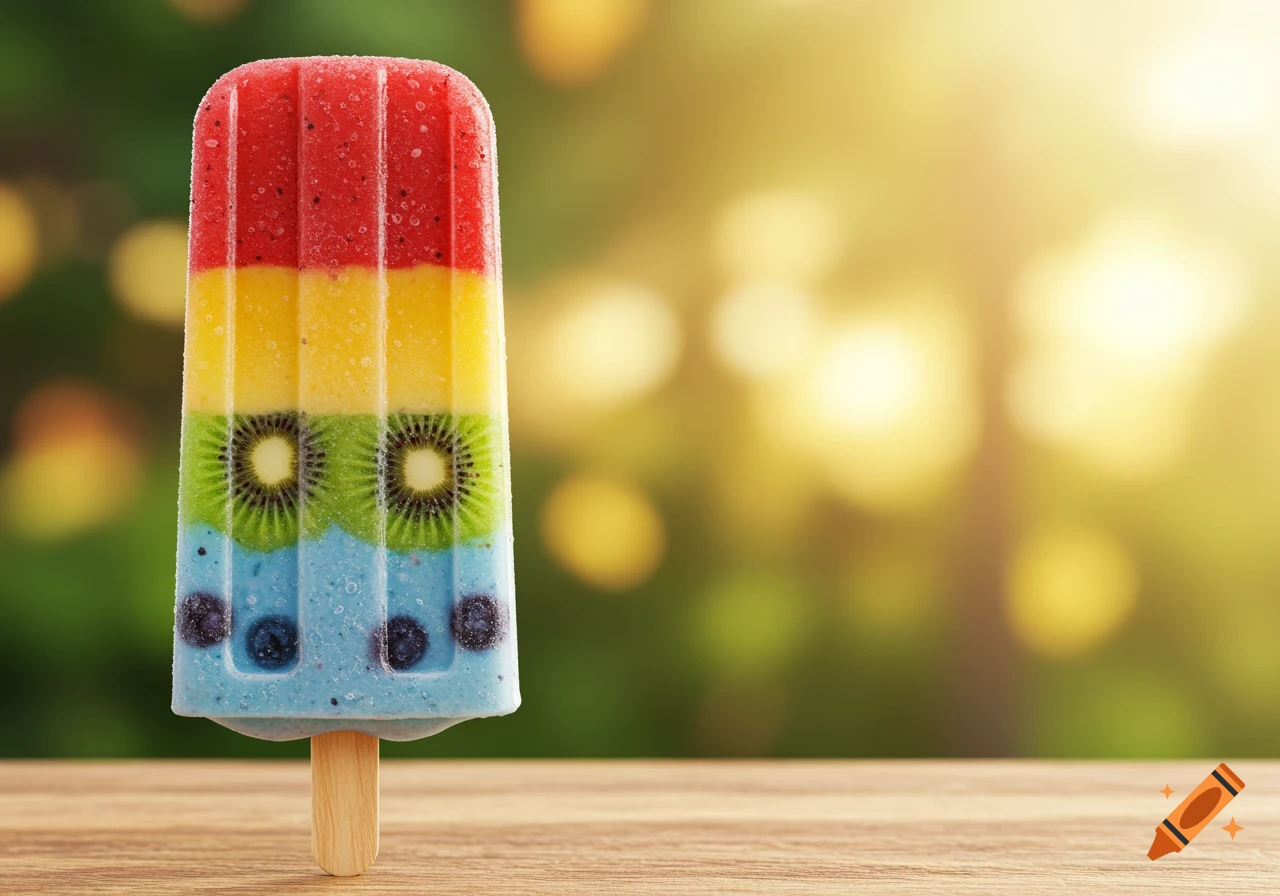 Colorful fruit and yogurt rainbow popsicle with kiwi and blueberries on a wooden table against a blurry green and golden background.