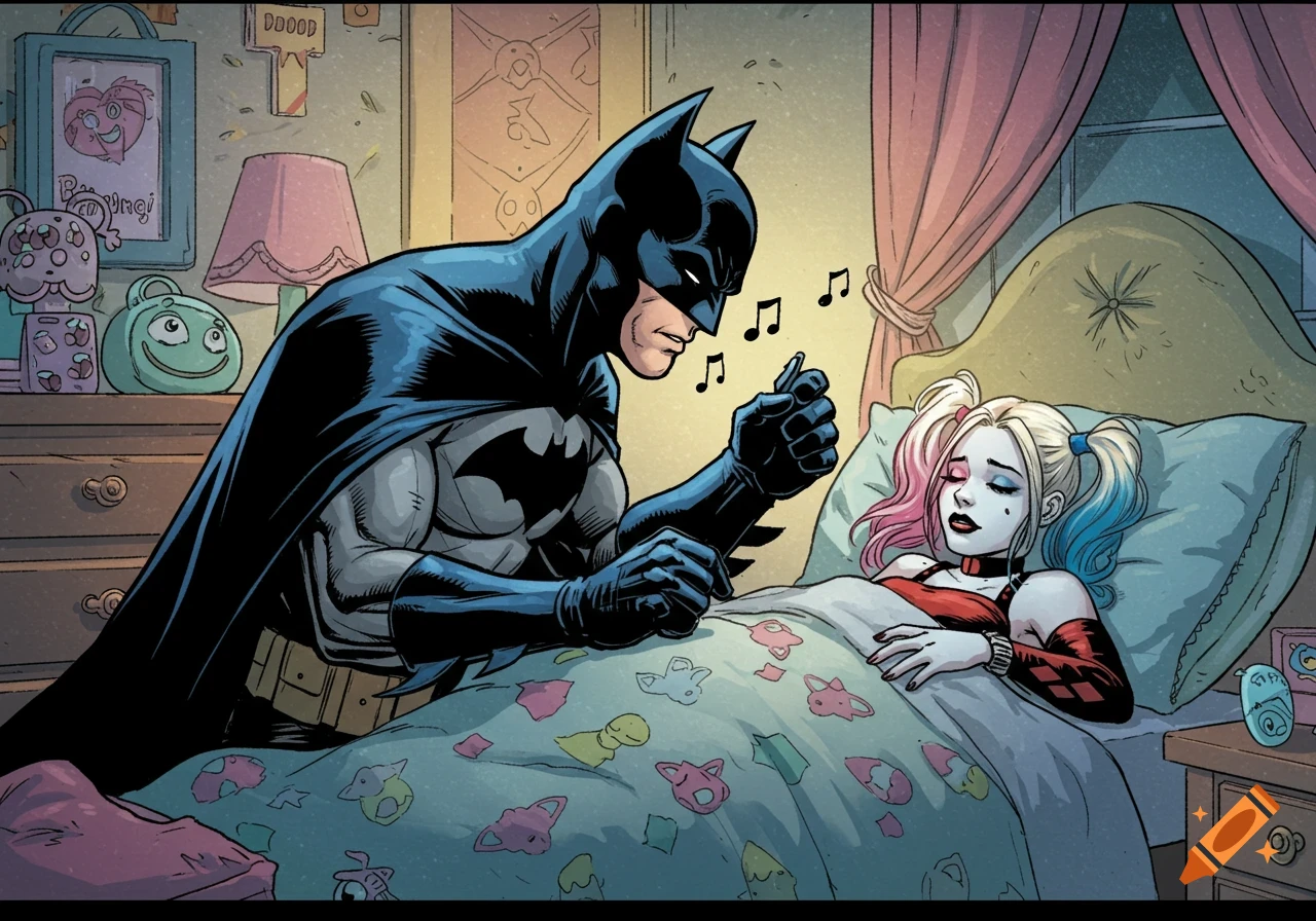 Batman sings a lullaby to Harley Quinn in her bed in a colorful comic book style, with musical notes floating around him.