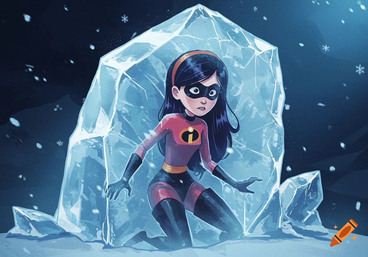 Violet from The Incredibles, wearing her superhero suit, is frozen inside a large block of ice in a snowy, dark environment.