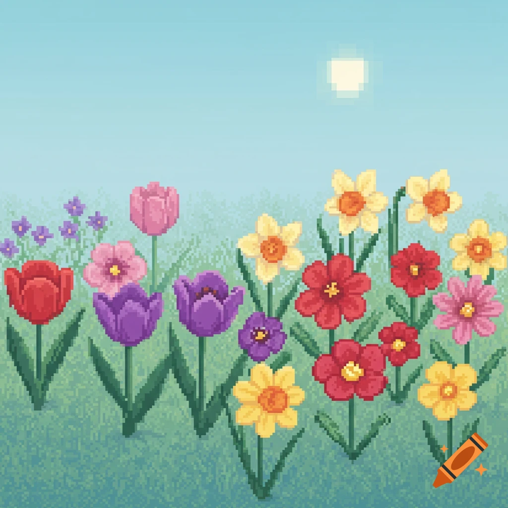 A vibrant pixel art illustration of a field of colorful flowers under a bright sun.