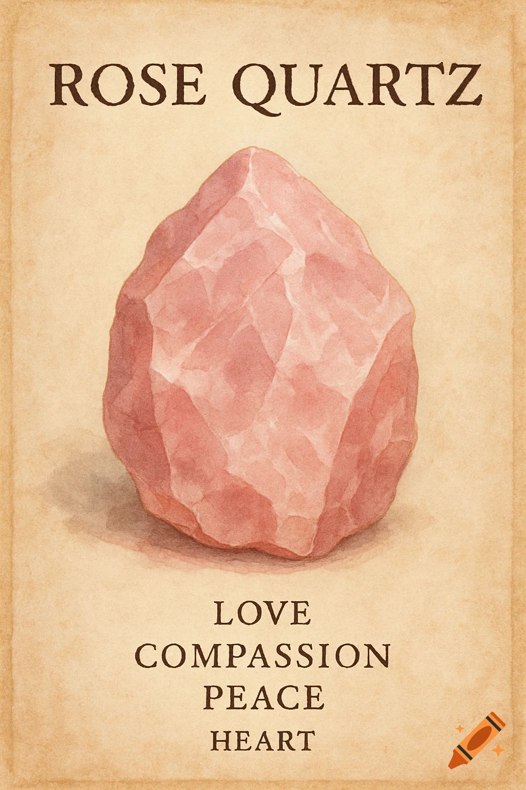 Watercolor illustration of a pink rose quartz crystal on a vintage-style information card with 'ROSE QUARTZ' and keywords below.