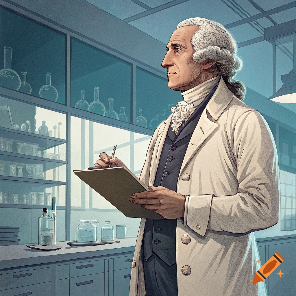 George Washington in a lab coat holds a clipboard and pen in a science laboratory, illustration.