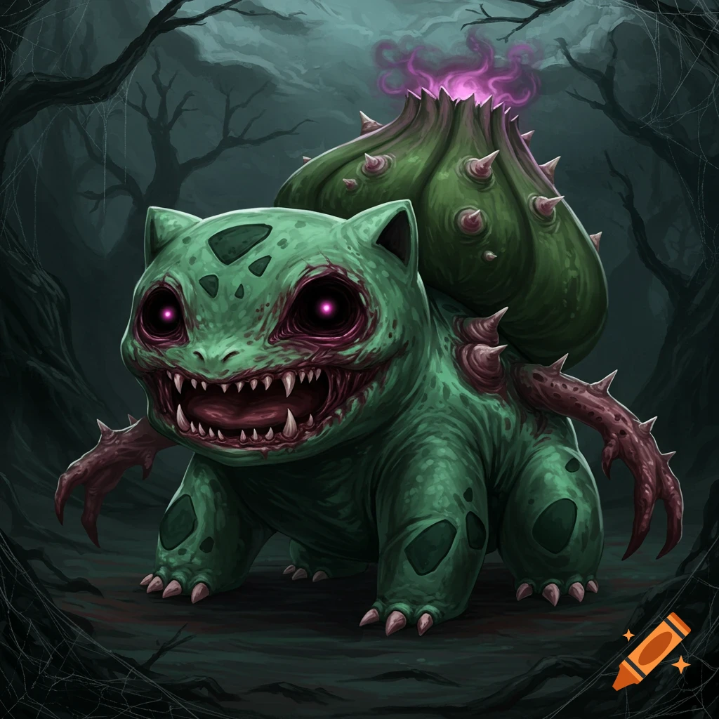 A monstrous, zombified Bulbasaur with glowing eyes and sharp teeth in a dark, creepy forest.