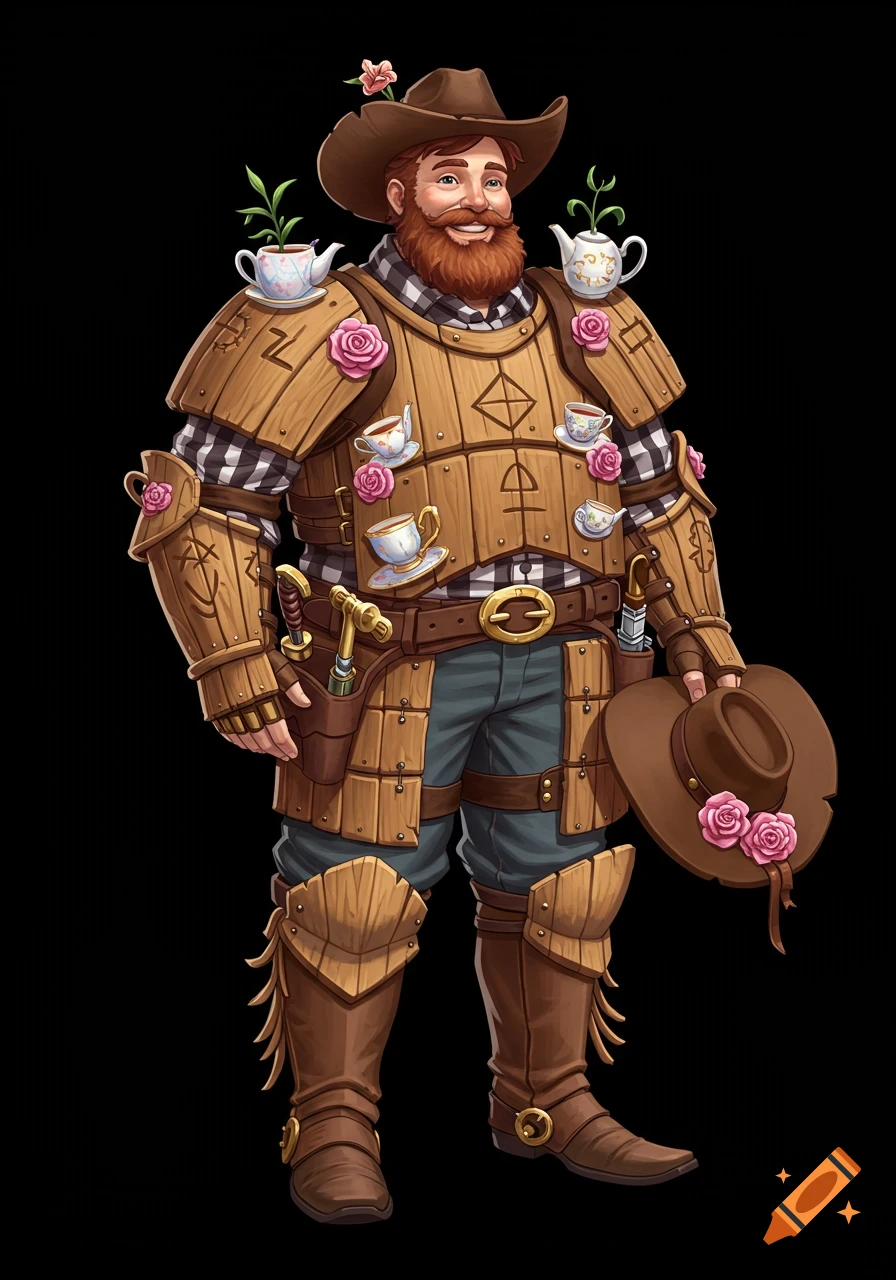 A whimsical bearded man in wooden cowboy armor adorned with teacups and roses smiles and holds his hat.