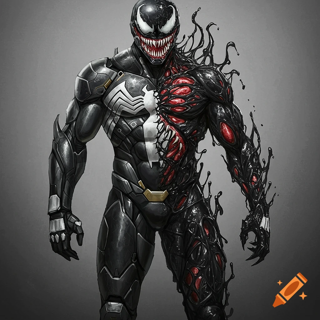 A muscular character in black futuristic battle armor, with the right half transforming into black symbiote goo exposing red tissue, resembling Marvel's Venom.