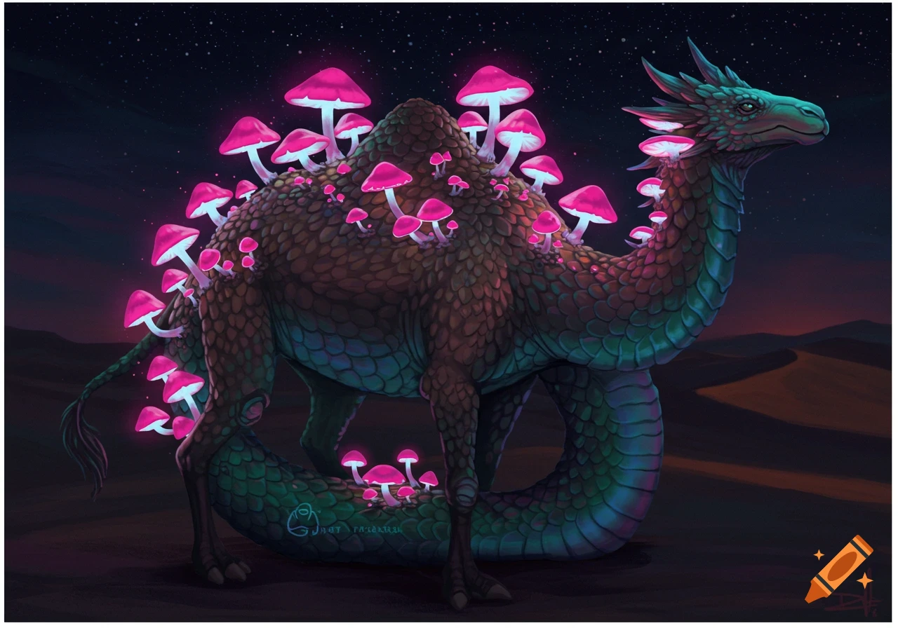 A fantastical dragon-camel creature stands in a dark desert night, covered in glowing pink mushrooms.