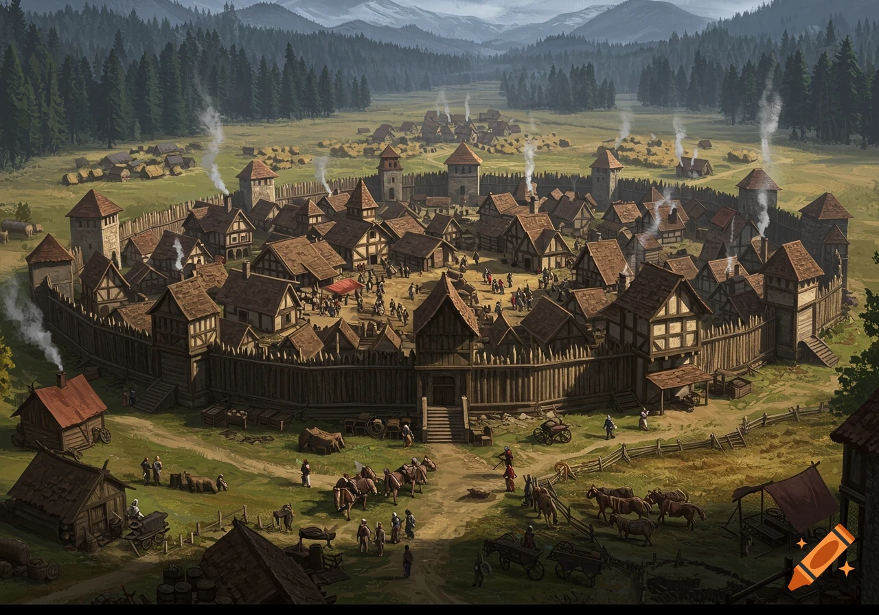 An aerial view of a bustling medieval village surrounded by a wooden palisade, with farms and forests in the background, in a detailed fantasy art style.