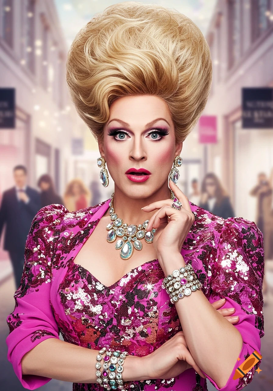 A drag queen with a tall blonde wig, pink sequined outfit, and sparkling jewelry poses with a surprised expression in a blurred city street.
