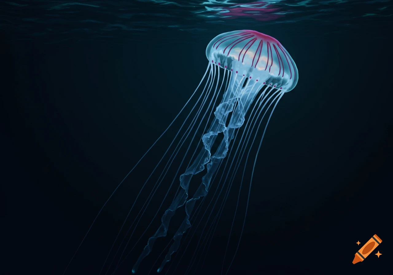 A realistic deep-sea jellyfish with a translucent bell showing pink and blue hues and long flowing tentacles, swimming in dark water with light shimmering on the surface above.