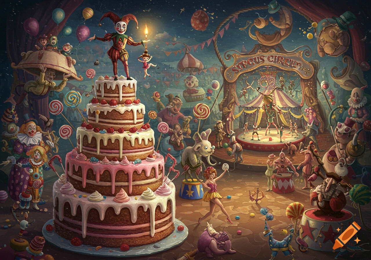 A whimsical, vibrant painting of a chaotic circus scene featuring a towering cake, clowns, acrobats, and various fantastic creatures under a star-filled night.