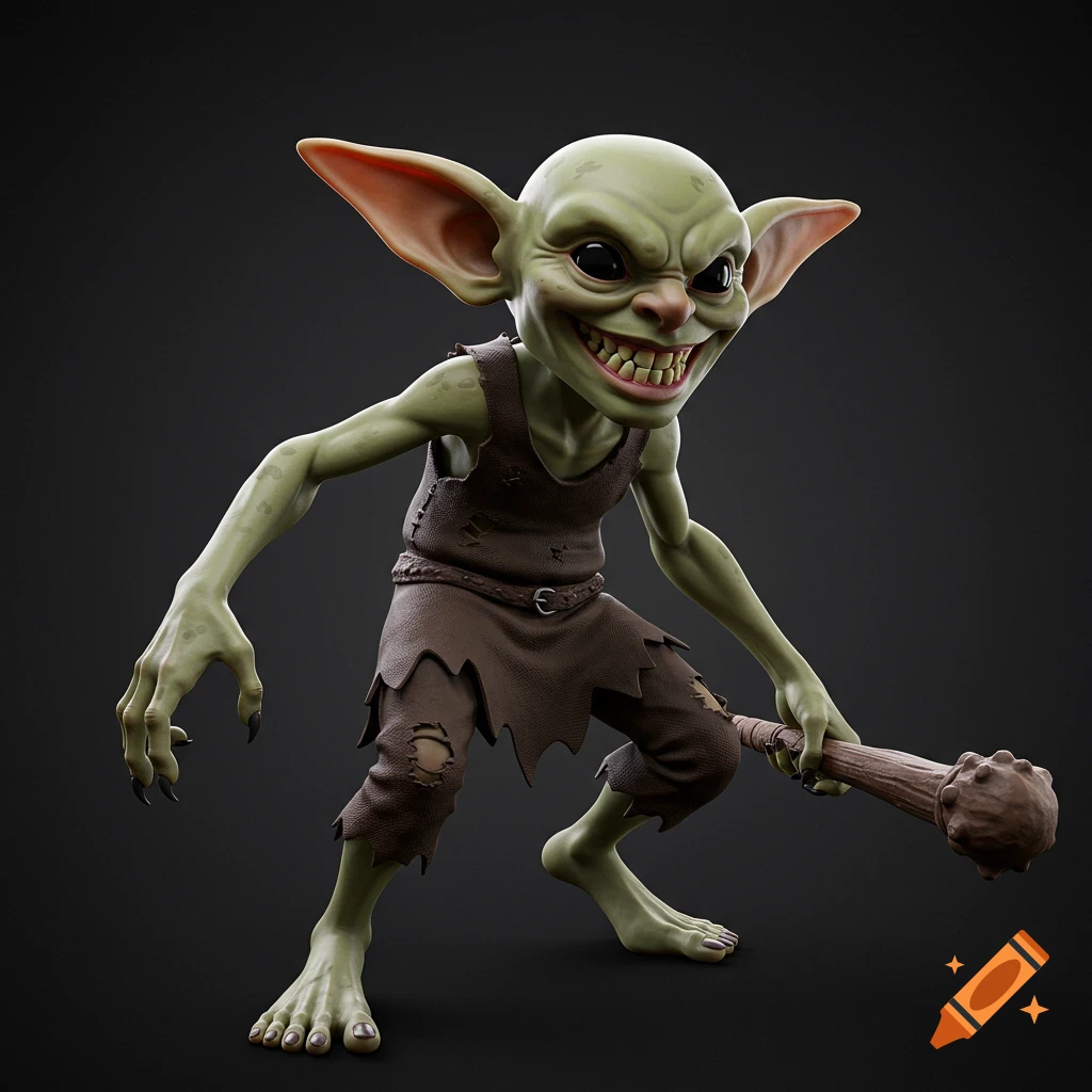 A 3D animated goblin with green skin, large ears, sharp teeth, and tattered brown clothing holds a wooden club.