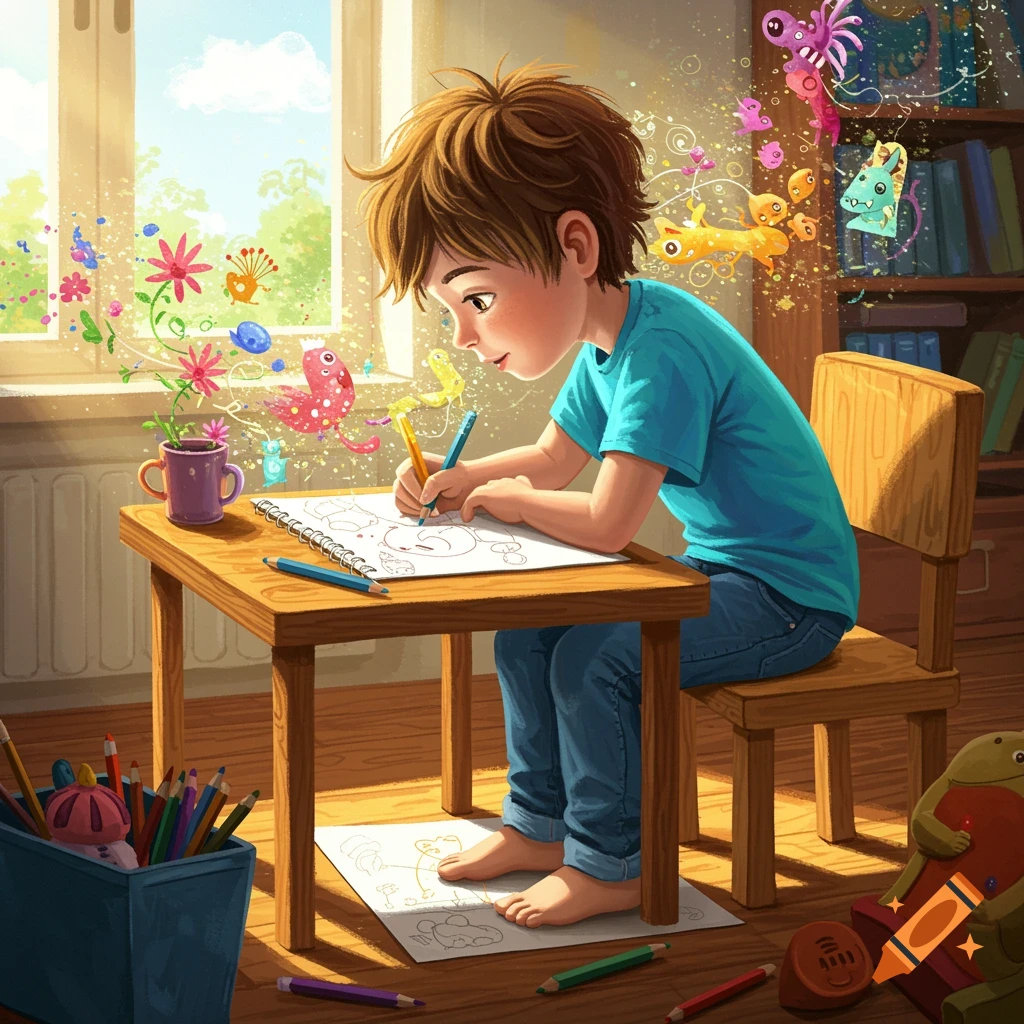 A young boy draws at a table in a sunlit room, with whimsical, colorful creatures emerging from his notebook.