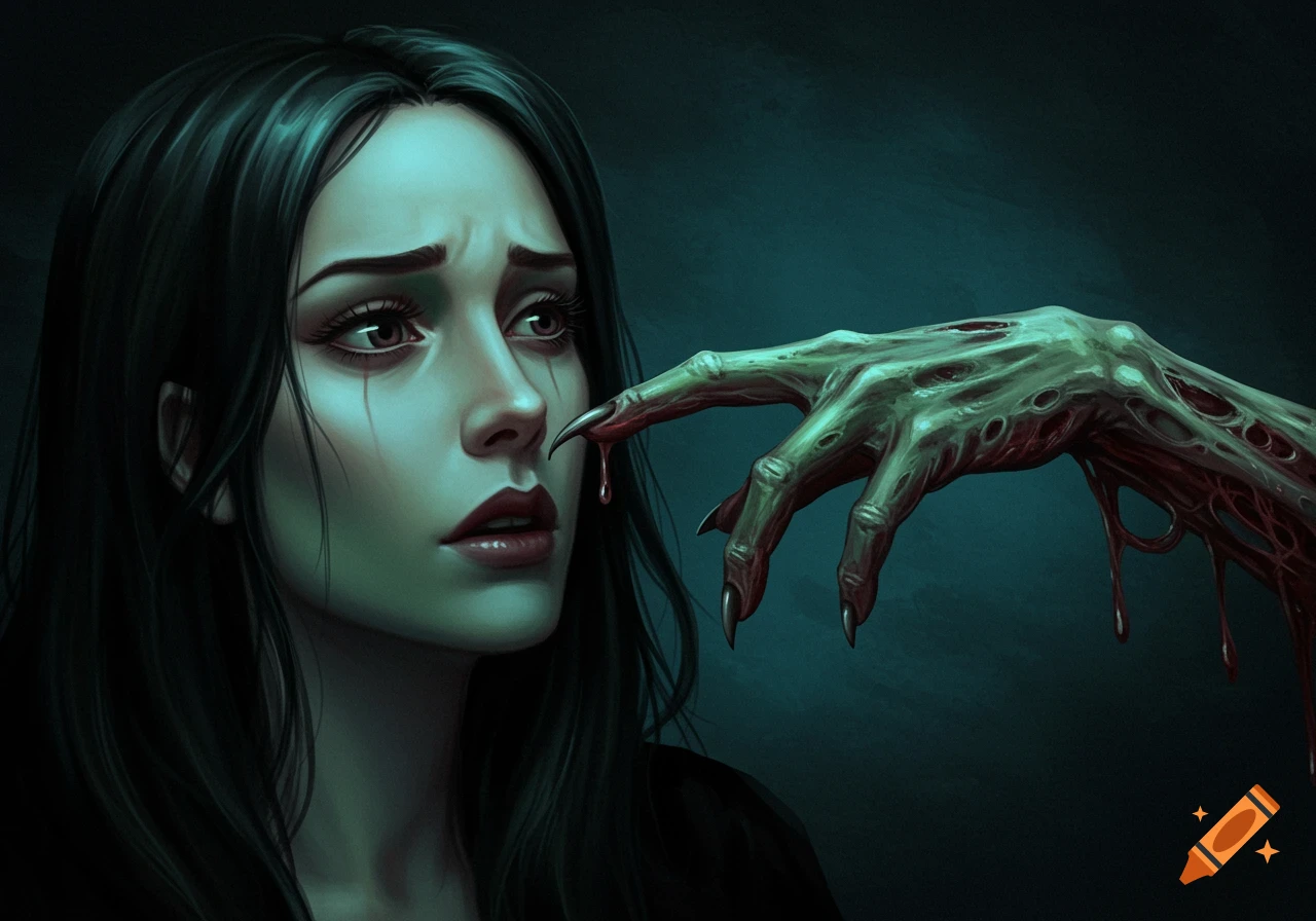 Digital painting of a terrified woman recoiling as a decaying, blood-dripping hand reaches towards her face.