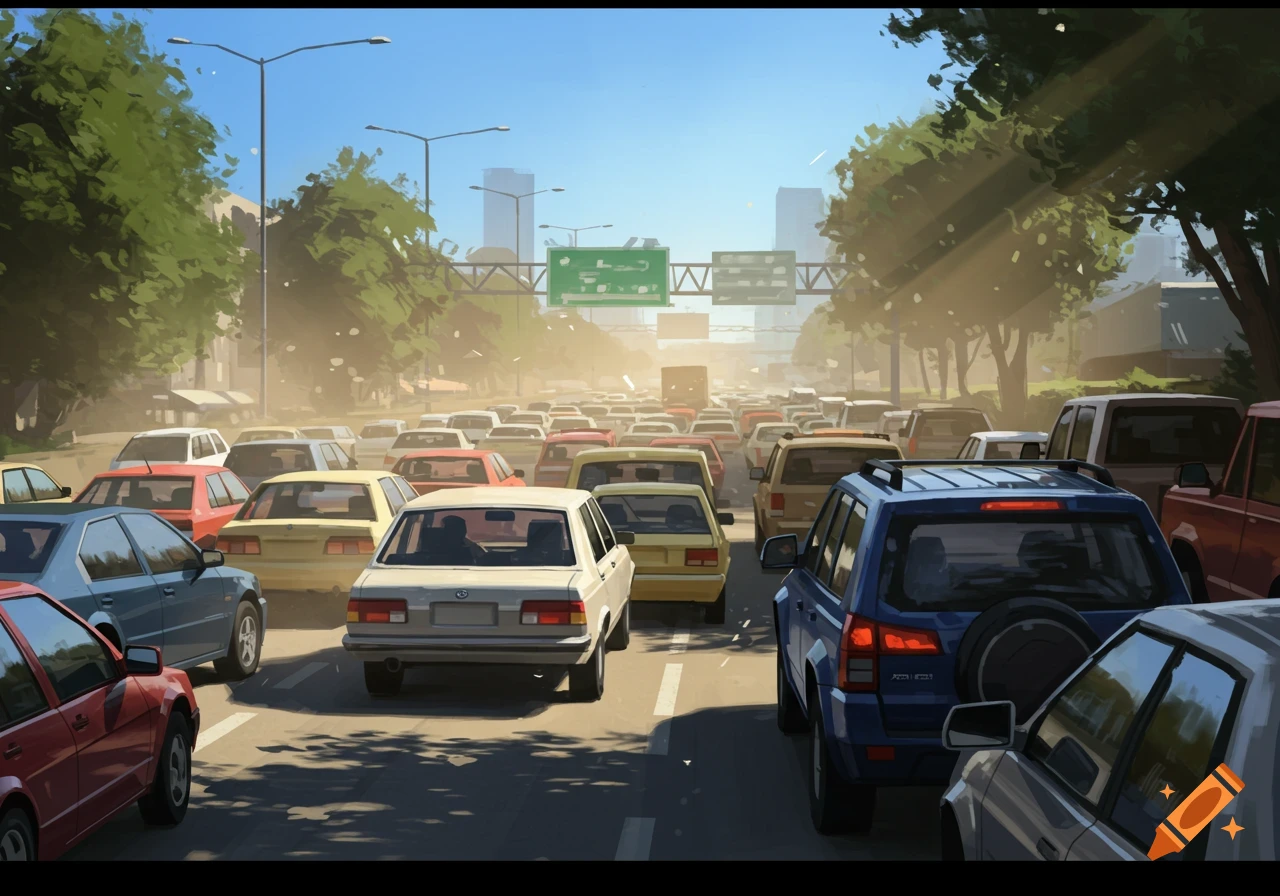 A bustling traffic jam fills a wide city road under a bright, hazy sky, with sunlight streaming through trees.
