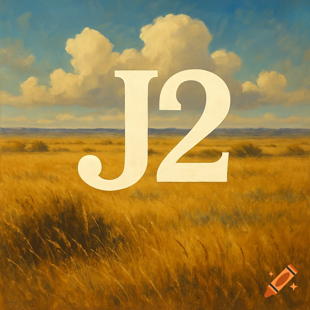 Large white 'J2' corporate logo set against a golden prairie landscape under a blue sky.