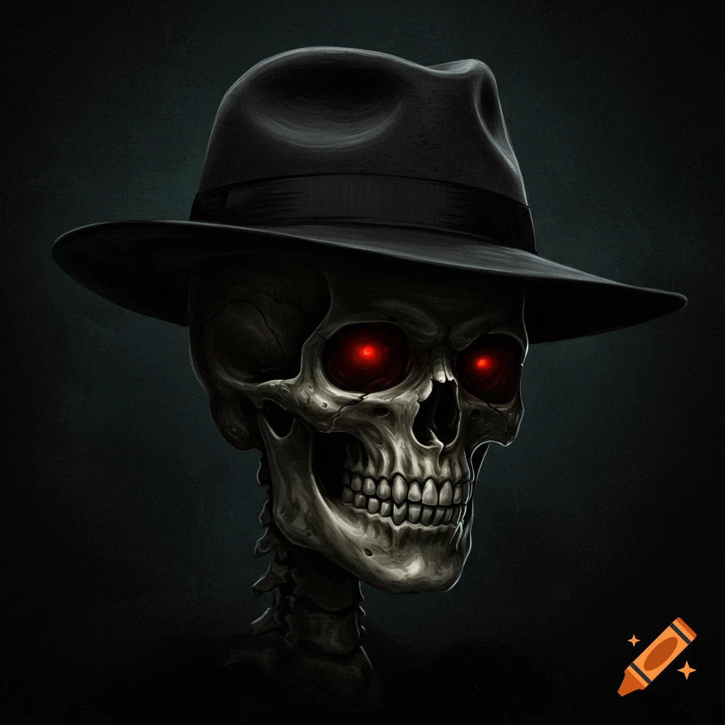 A stylized skeletal figure wearing a black fedora, with glowing red eyes, against a dark background.