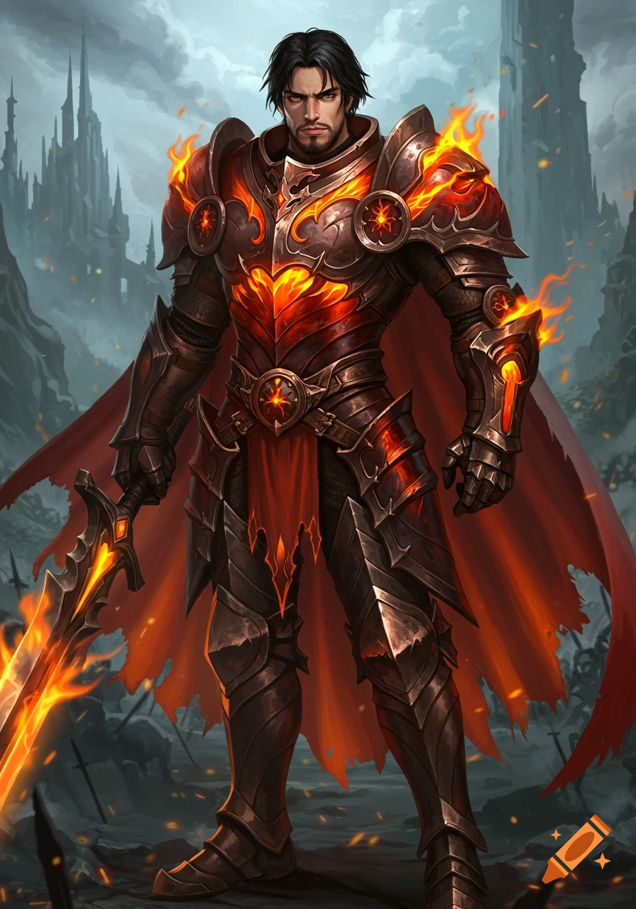 A detailed fantasy digital art portrait of a male knight in fiery red armor holding a flaming sword, standing before a dark castle.