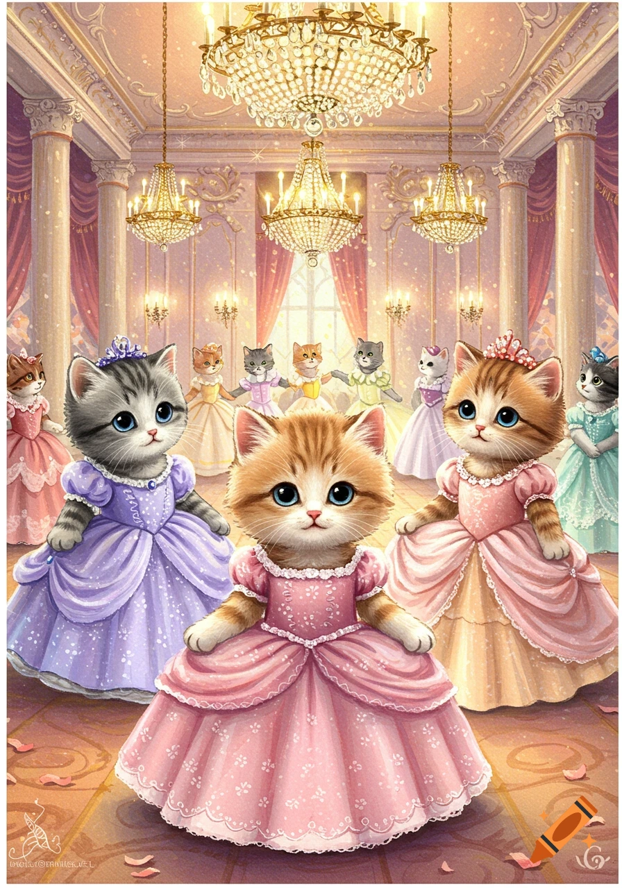 Cute kittens in elaborate pastel dresses dance in a grand ballroom with sparkling chandeliers.