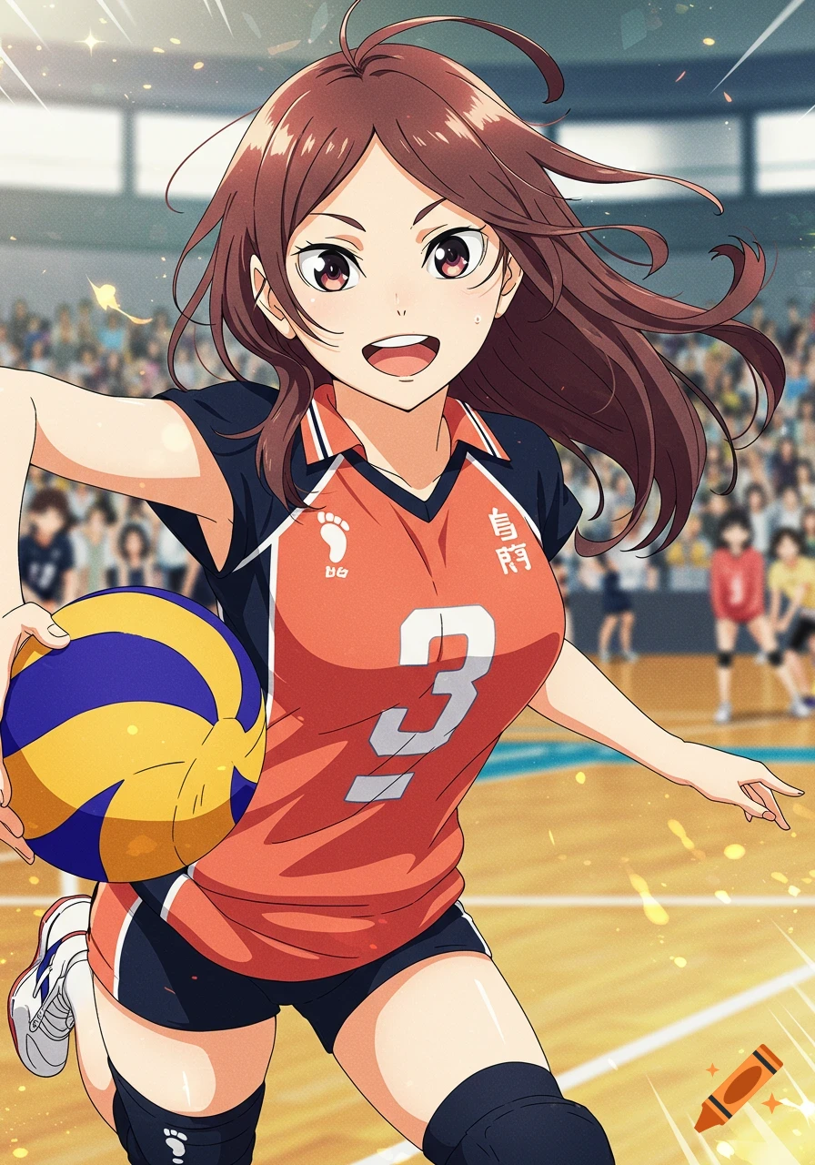 Anime-style brunette girl in a red and black volleyball uniform with the number 3, holding a volleyball on a court.