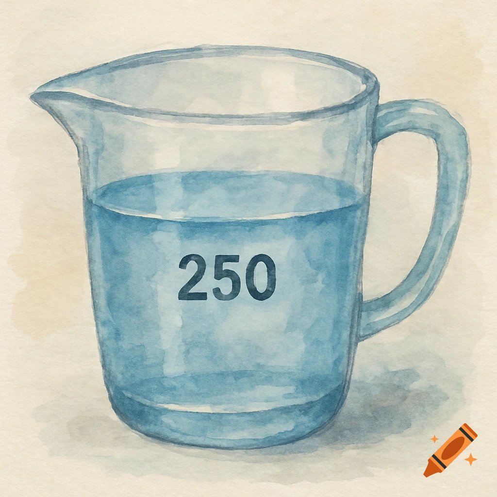 A watercolor illustration of a clear measuring cup filled with blue water, with the number 250 on the side.