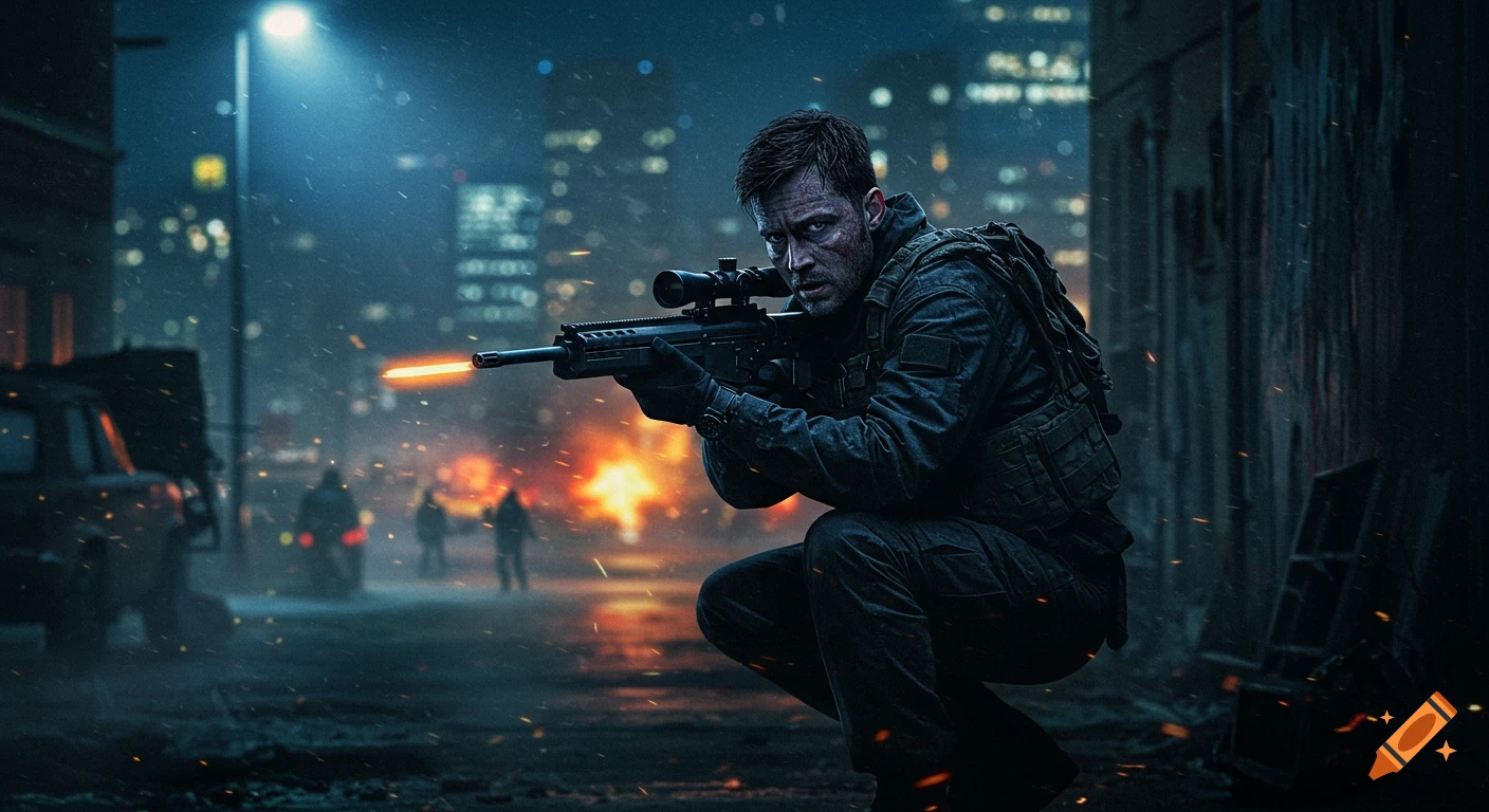 A man in tactical gear kneels, aiming a sniper rifle with a muzzle flash, on a dark, rainy city street at night.