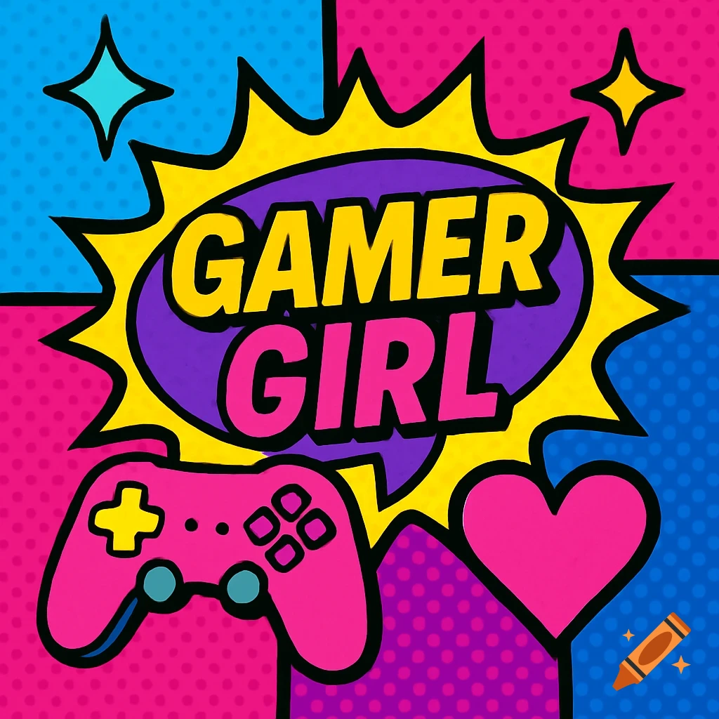 Colorful pop art logo with 'GAMER GIRL' text, a pink game controller, and a heart on a quadrant background.