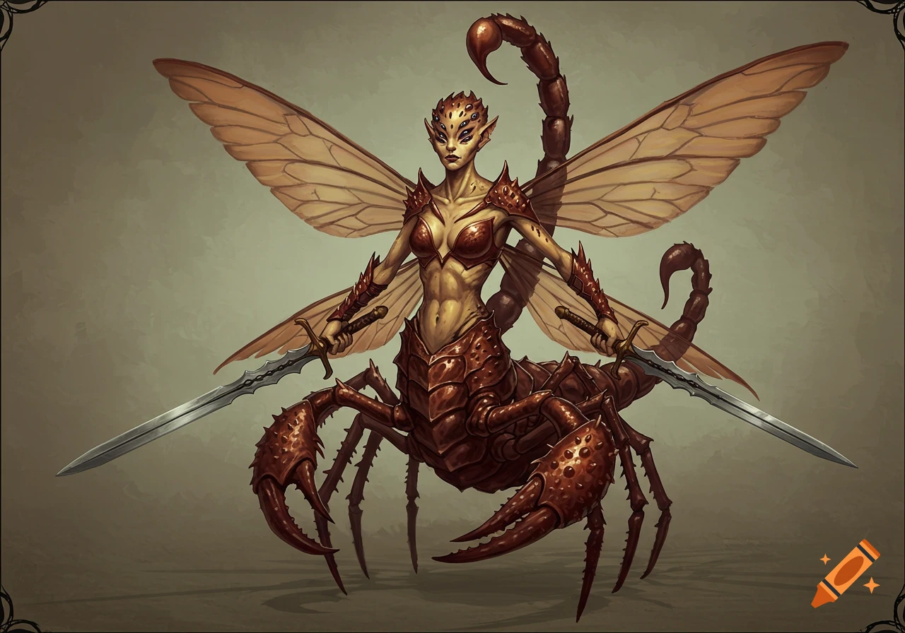 A female scorpion humanoid with insect wings and four eyes, holding two swords, in a fantasy art style.