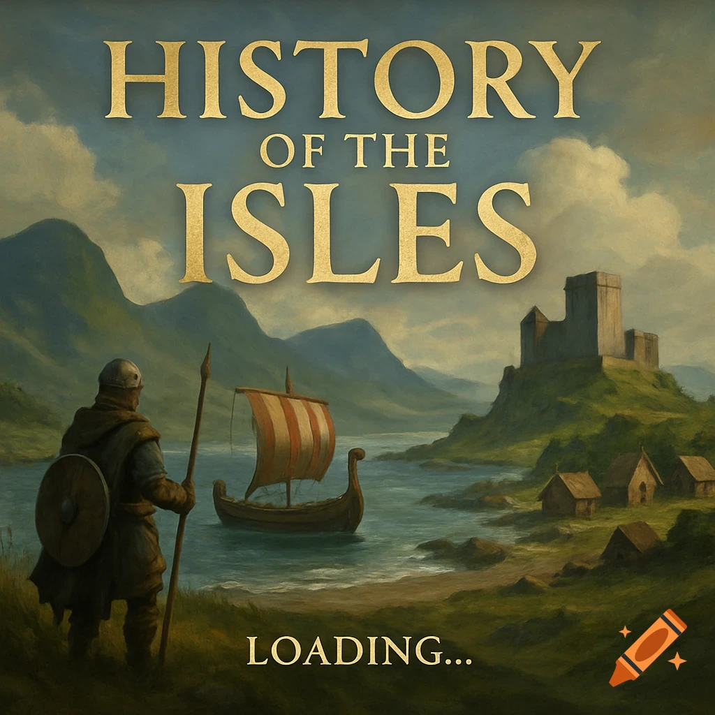 A painterly game loading screen featuring a warrior, longboat, and castle in a mountainous landscape, with 'HISTORY OF THE ISLES' and 'LOADING...' text.