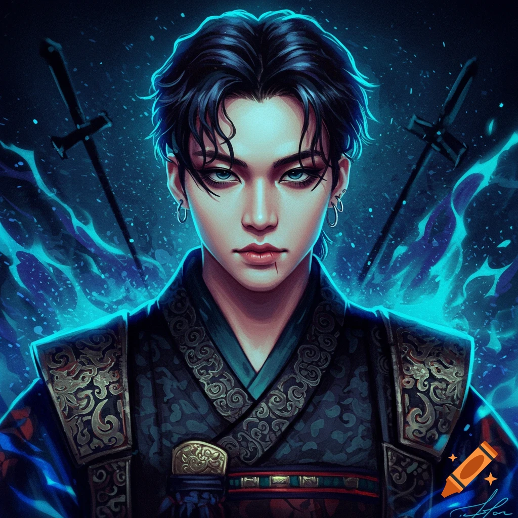 Stylized portrait of a young man with dark hair and blue eyes in ornate armor, with swords and blue energy.