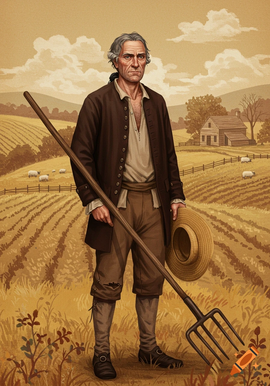 A historical illustration of a 1700s farmer holding a pitchfork and a straw hat, standing in a field with sheep and a farmhouse in the background.