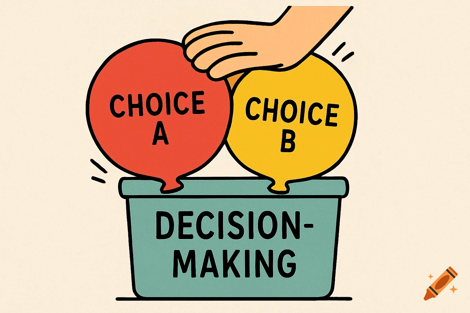 A hand pushes red 'CHOICE A' and yellow 'CHOICE B' balloons into a green container labeled 'DECISION-MAKING' in a simple illustration.