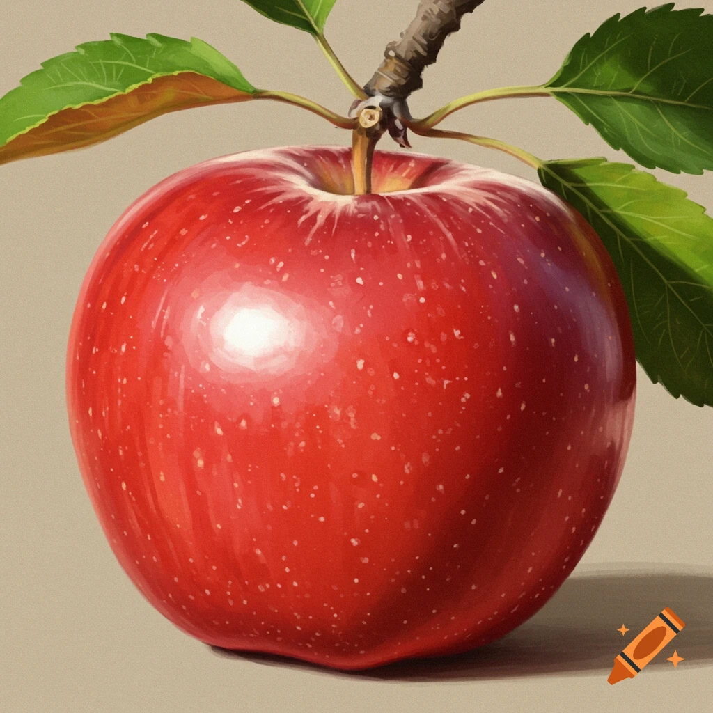 A vibrant red apple with a brown stem and green leaves, depicted in a detailed, painterly style against a light background.