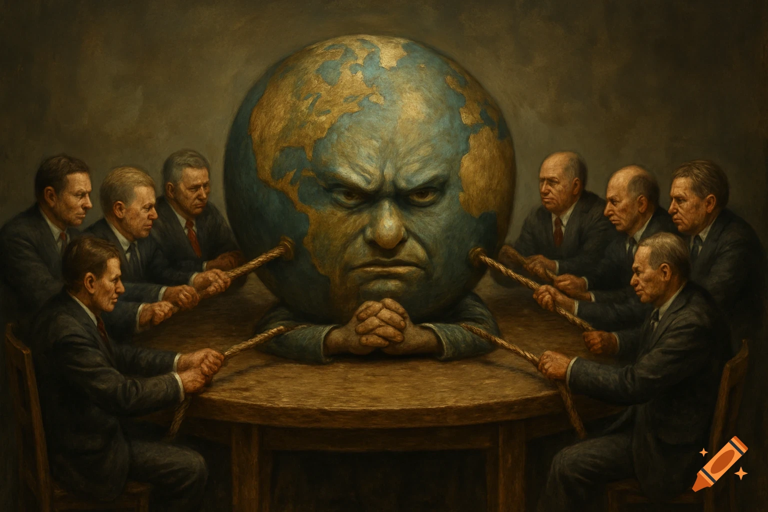 Men in suits manipulate a frowing Earth-globe with ropes around a table, in a classic oil painting style.