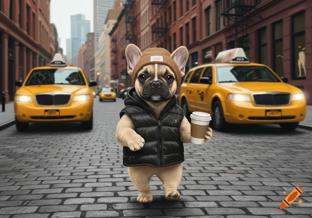 A cute French Bulldog wearing a beanie and puffer vest walks upright on a cobblestone street, holding a coffee cup. Yellow taxis blur in the background.