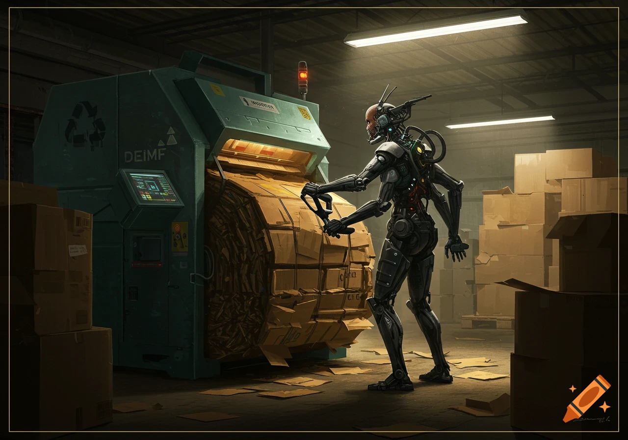 A futuristic cyborg with multiple arms operates a large cardboard baler in a dimly lit warehouse setting, surrounded by stacks of boxes.