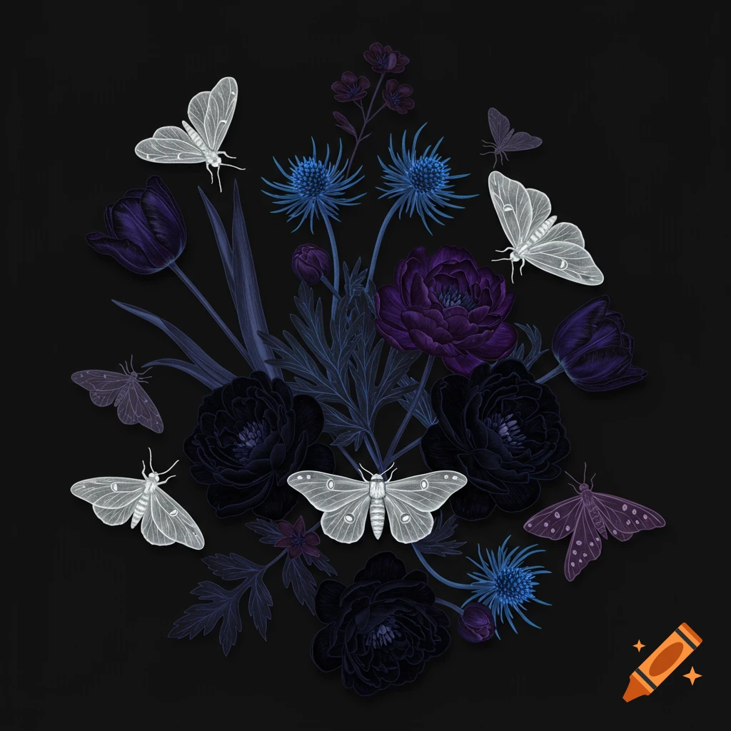 A flat, gothic digital illustration of dark purple flowers, blue thistles, and white moths against a black background.