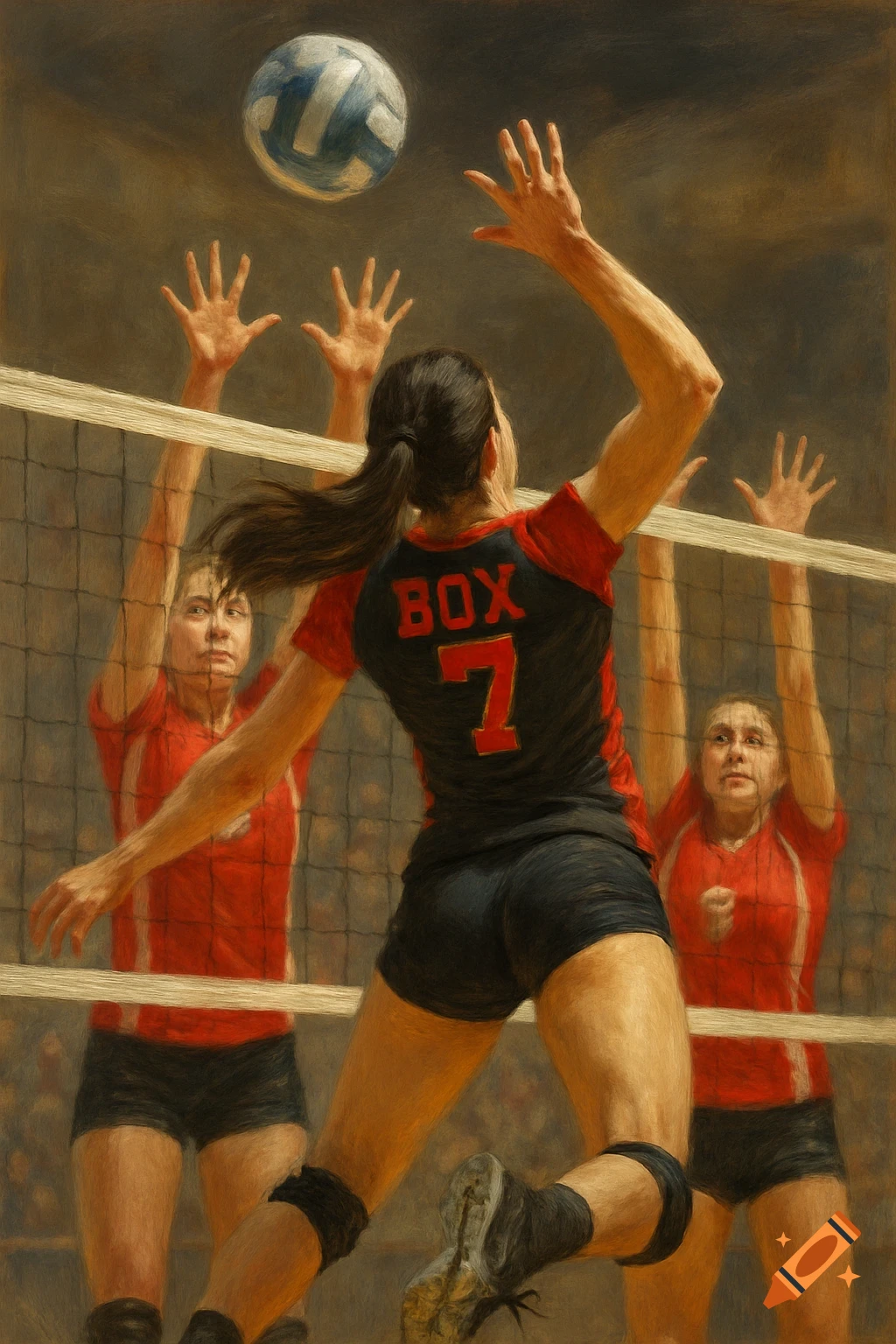 A female volleyball player in a black and red jersey with 'BOX 7' jumping to spike a ball over the net with two blockers.