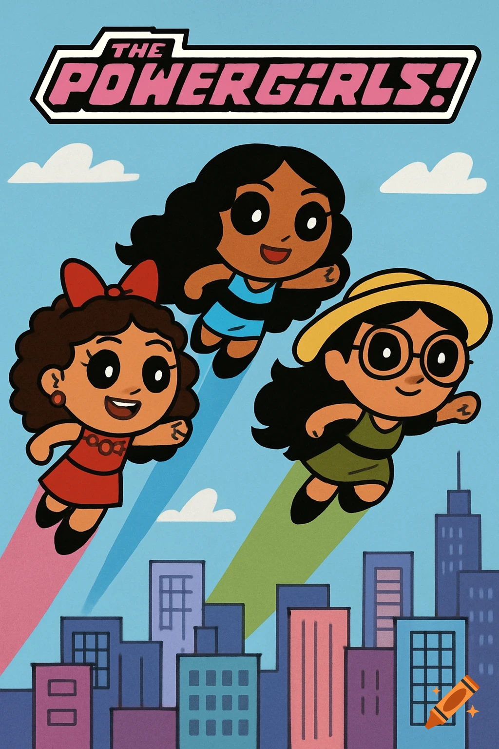 Cartoon image of three Latina superheroines flying over a city with 'THE POWERGIRLS!' logo.