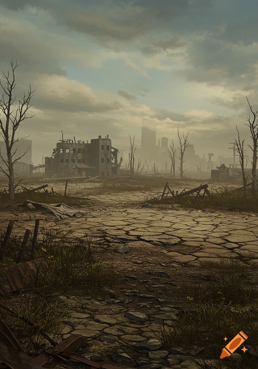 A desolate, ruined city landscape with barren trees and cracked ground under a cloudy sky, in the style of Fallout.