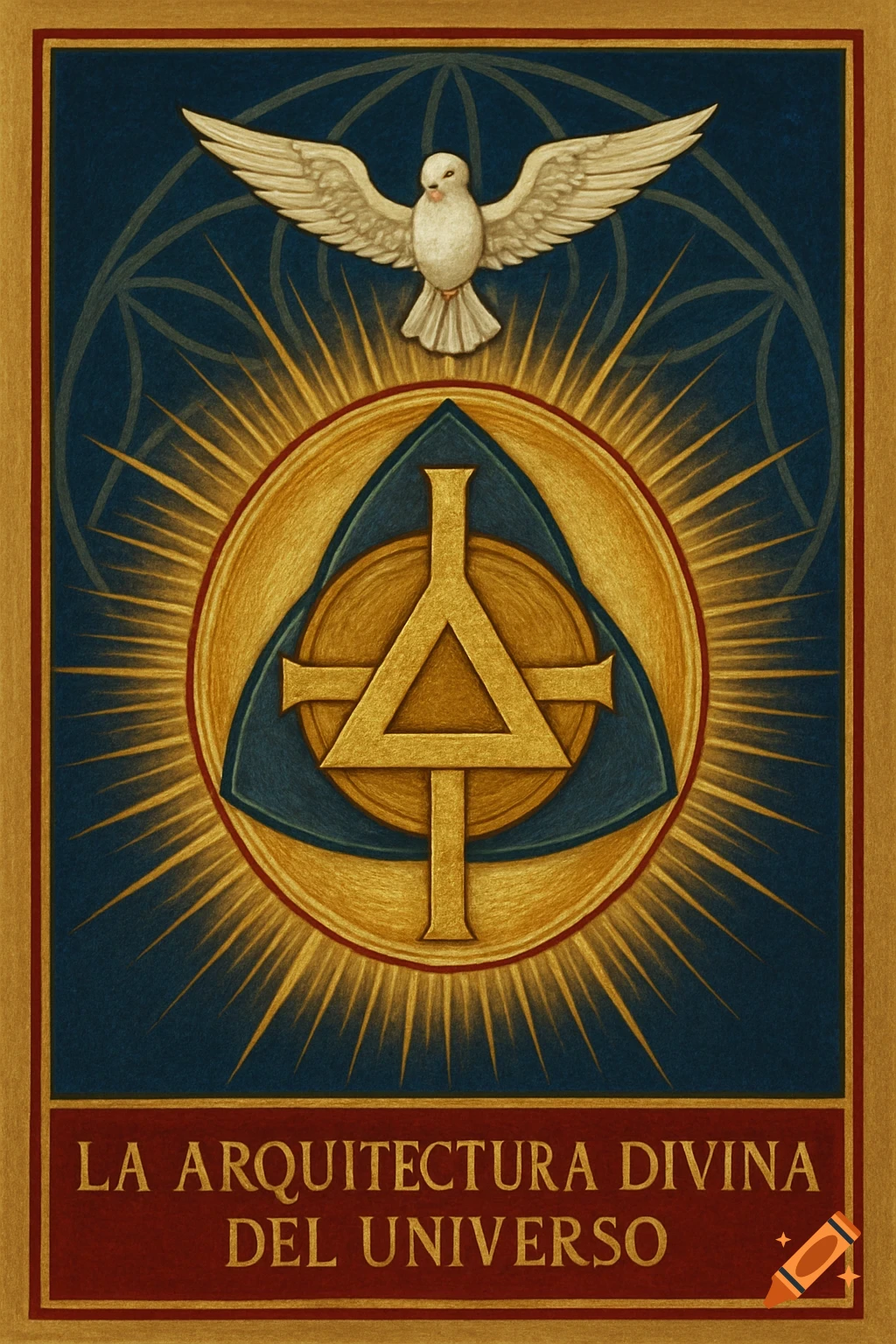 A sacred religious icon with a white dove, golden symbolic triangle, radiating light, and Spanish text 'LA ARQUITECTURA DIVINA DEL UNIVERSO'.