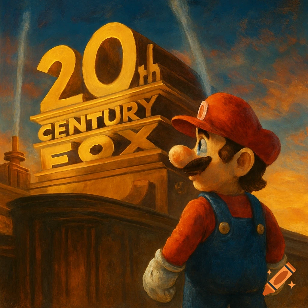 Mario looks up at the towering 20th Century Fox logo in a vibrant digital painting.