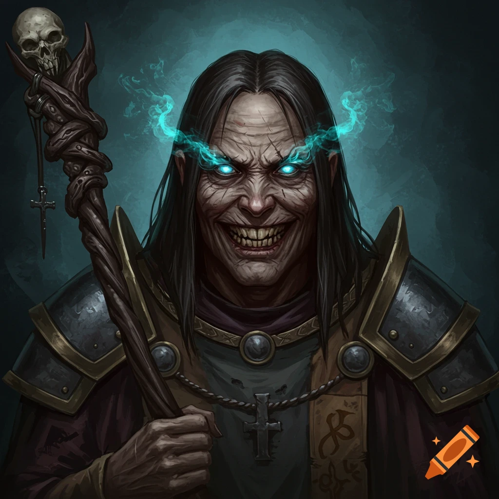 An evil, scary-looking cleric with glowing blue eyes and a wide, creepy grin holds a skull-topped staff.