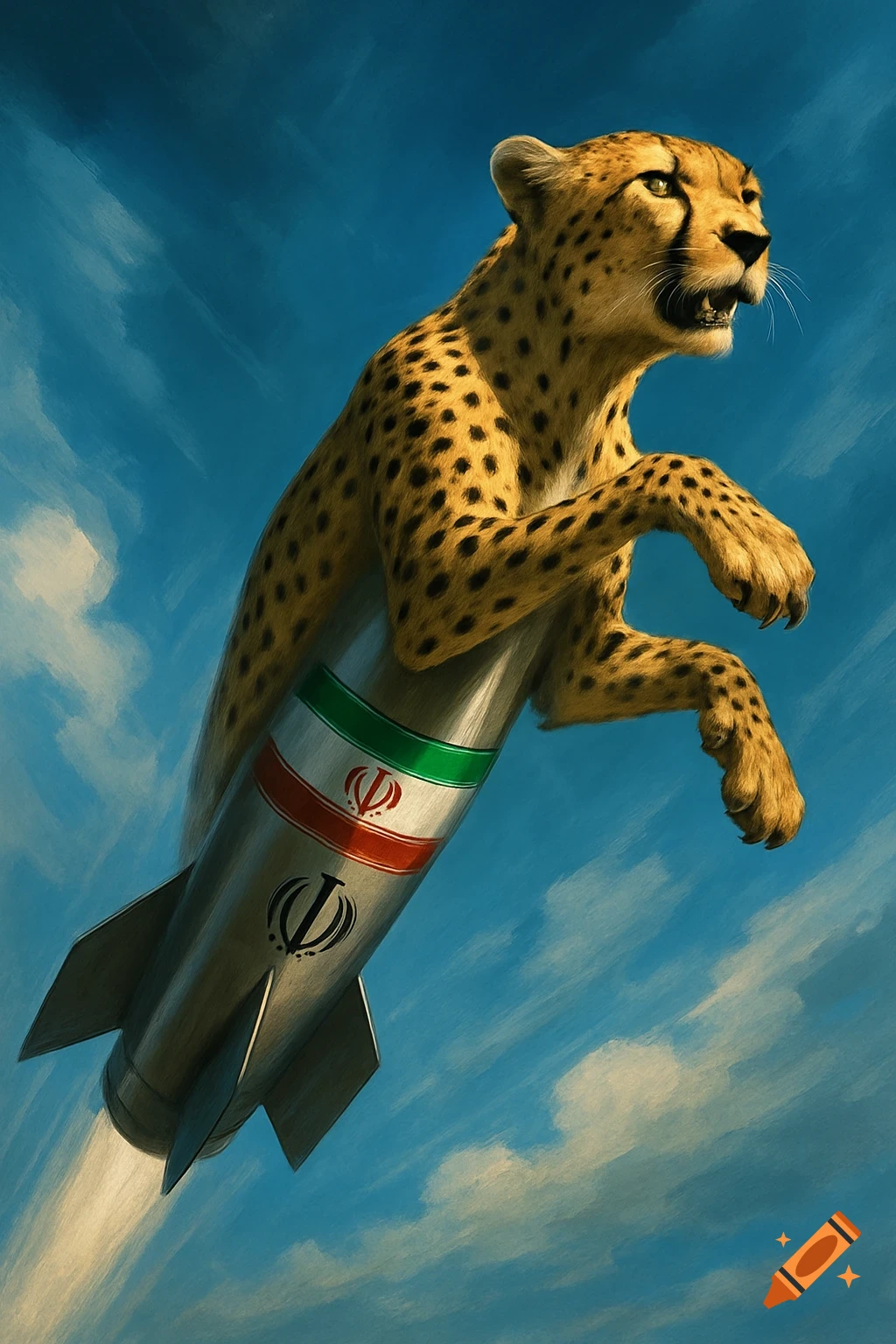 A powerful concept art of an Asiatic cheetah's head and front emerging from a missile with the Iranian flag, launching into a blue sky.