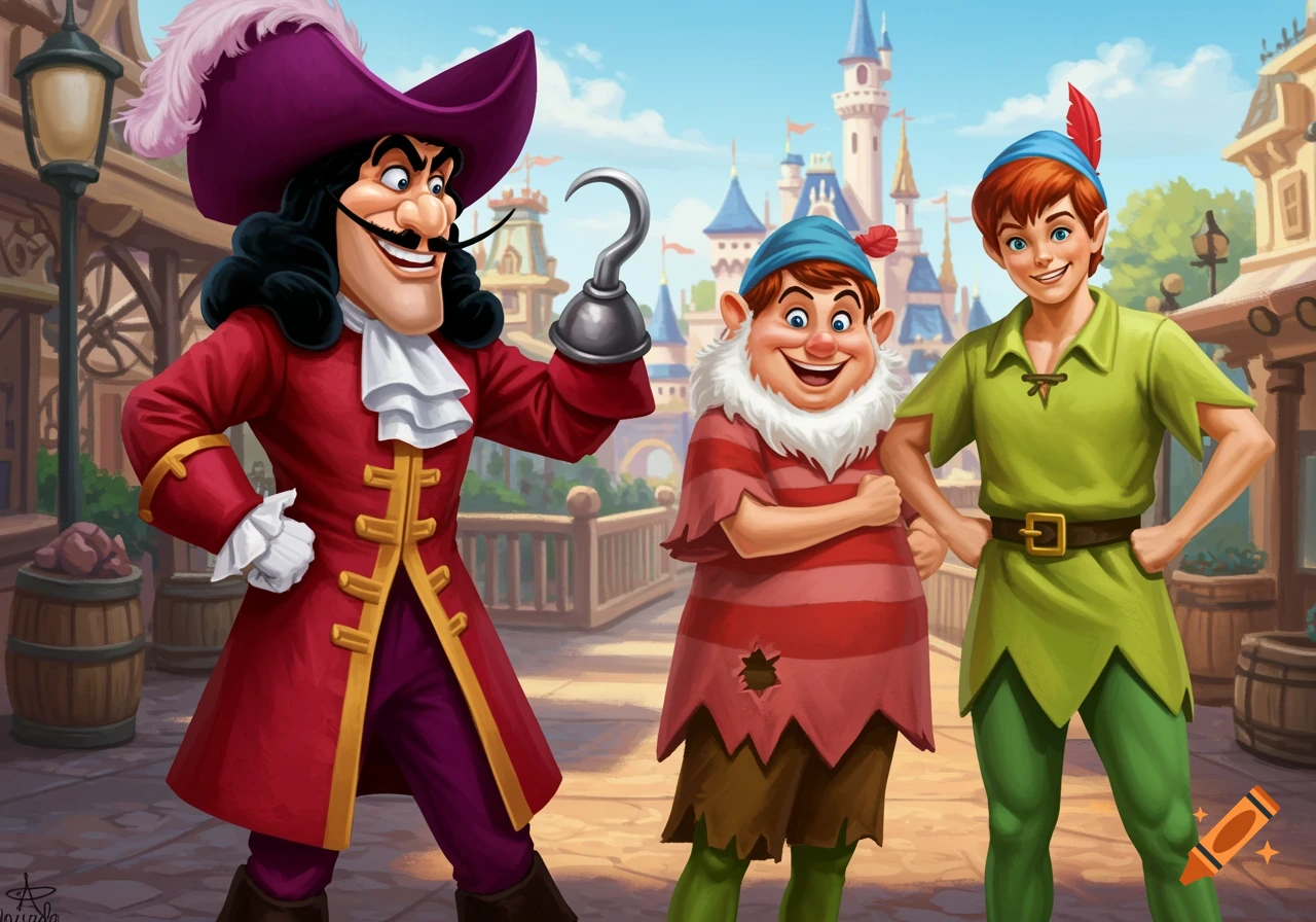 Cartoon characters Captain Hook, Mr. Smee, and Peter Pan stand smiling in a vibrant Disney-themed town with a castle.