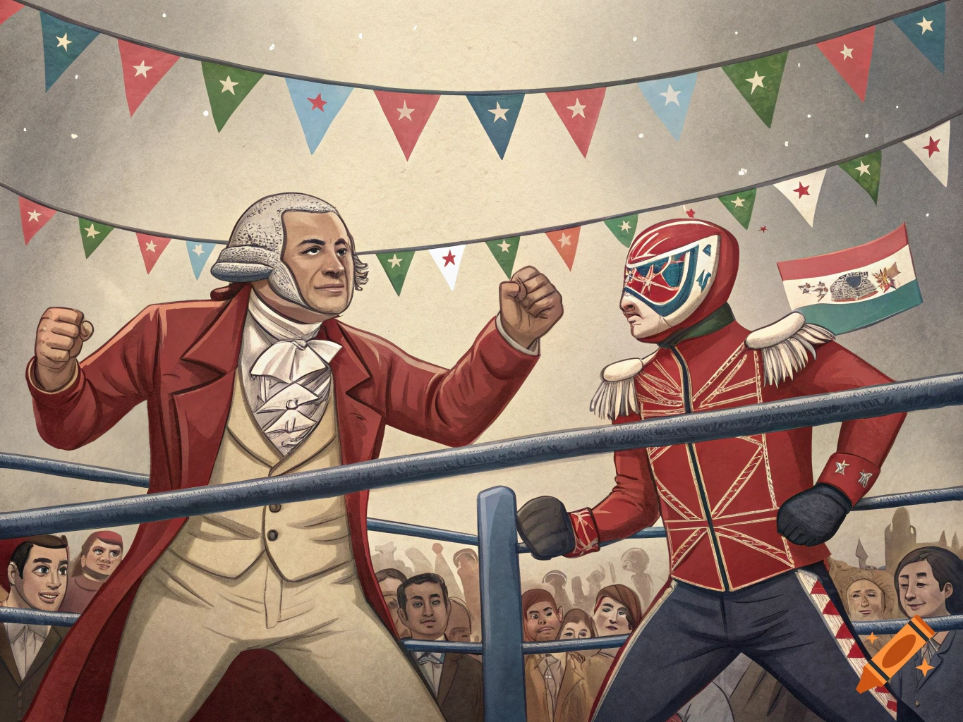 An illustration of George Washington in a boxing ring, facing a British red coat soldier wearing a wrestling mask. A Mexican flag is in the background.