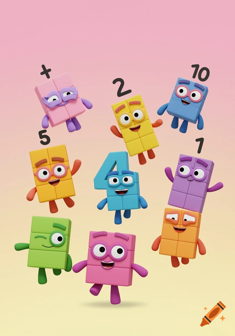 Colorful cartoon block characters representing numbers like 2, 4, 5, 7, 10, and a plus sign, floating on a gradient background.