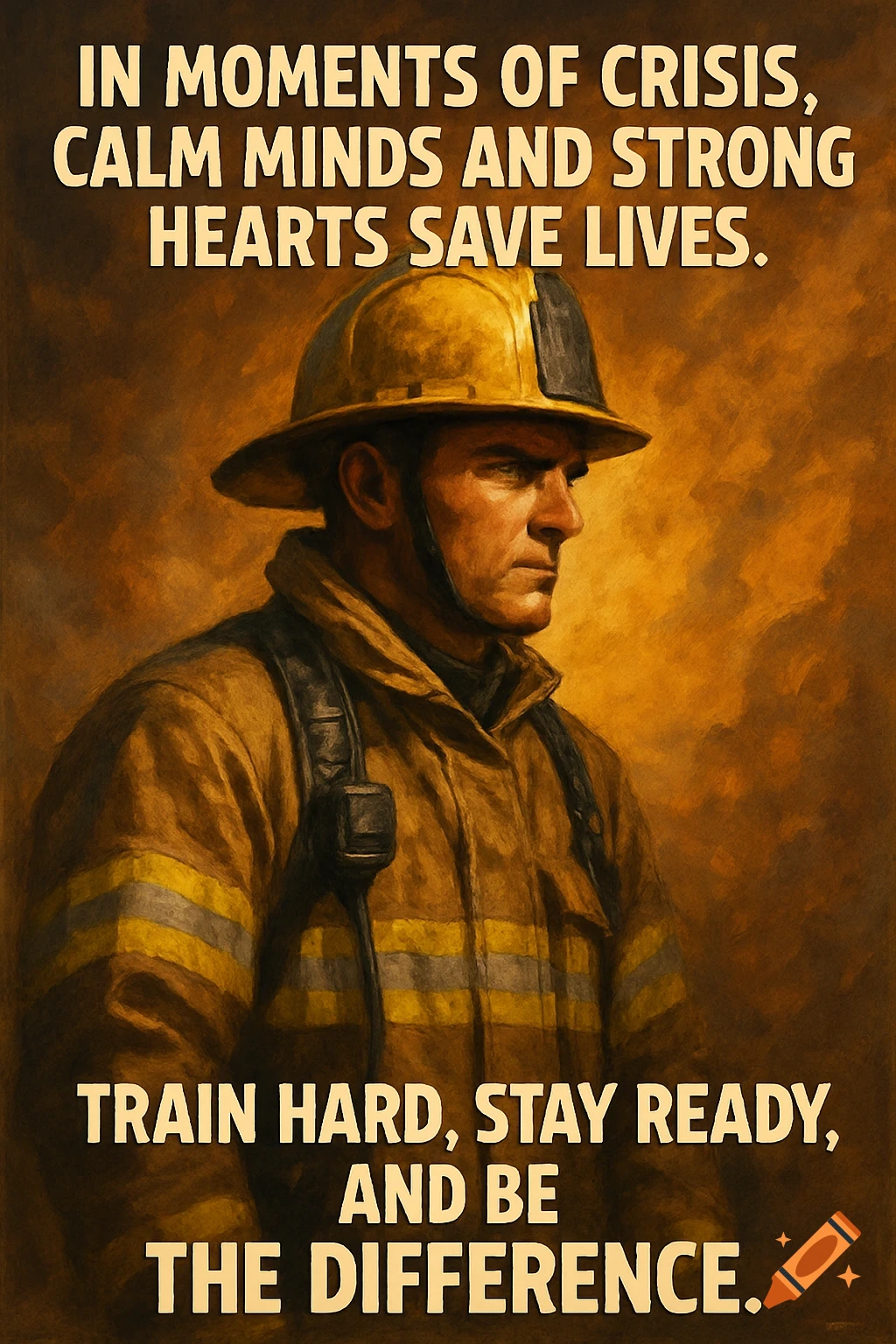 A determined firefighter in a yellow helmet and gear, painted in warm tones, with motivational text.